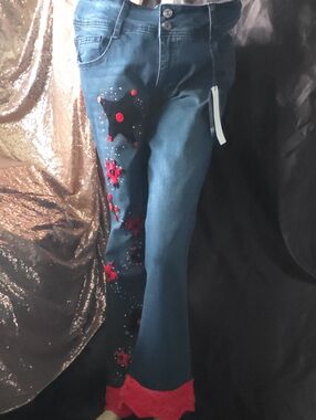 Women’s Embroidered Dark Blue Jeans with Red Accents